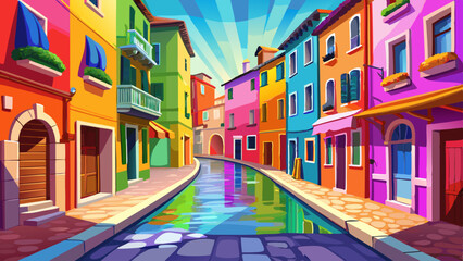 Fototapeta premium A rainbow street in Venice's heart, Each home a brushstroke, bold and smart. Burano beams in pastel pride, A dreamy walk on the vibrant side.