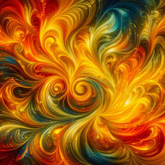 Energetic abstract background with swirling patterns of vibrant orange and yellow, interspersed with subtle leaf-like shapes. Dynamic and organic feel.