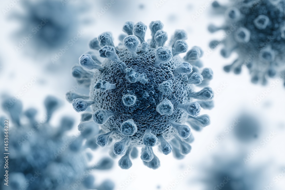 Poster close-up detailed 3d render of a virus particle, showing its complex structure and spiky surface; co