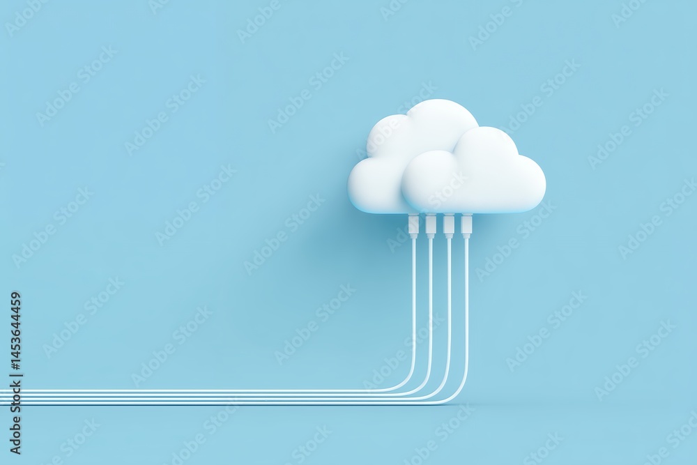 Poster stylized 3d render of two white clouds with usb cables on a light blue background, concept for data 