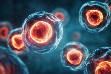 Microscopic view of glowing cells with intricate details, concept for medical research, science, and technology