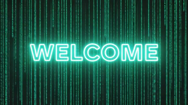 Neon Welcome Message, Binary Code Background, Digital Greeting, Stock Photo