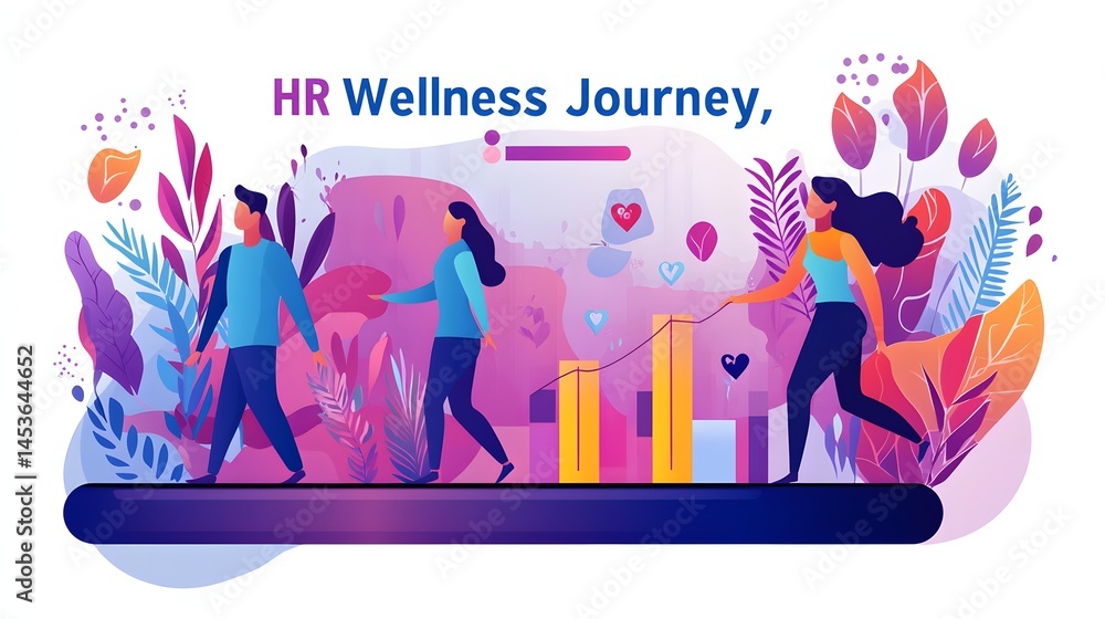 Poster flat vector showing progress tracker titled â€œhr wellness journey,â€ calm and friendly layout