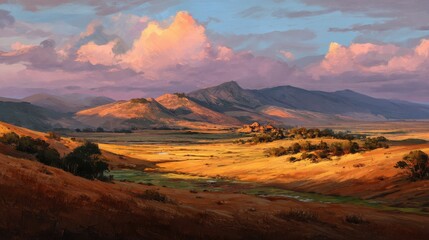 Fototapeta premium A golden hour landscape bathes everything in warm light