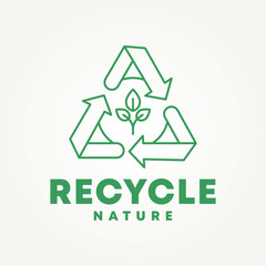 minimalist recycle symbol with a leaf in the middle line art icon logo vector illustration design. simple modern ecology, sustainability, renew logo concept