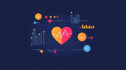 Flat health dashboard with heart icon, pulse rate, and completion tracker, corporate visual design