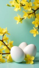 Delicate white eggs amongst bright yellow forsythia branches, Easter backdrop , yellow, graphic