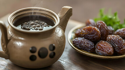 A warm beverage, likely tea or coffee, steams gently in a rustic teapot.  Dried dates rest on a small plate beside it, adding a sweet complement to the drink