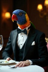 Elegant parrot in tuxedo, fine dining setting, bird, blacktie