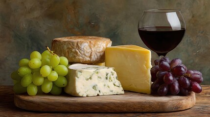 A detailed shot of artisan cheeses and plump grapes on a wooden cutting board, accompanied by a glass of wine, creating a sophisticated and inviting food presentation.
