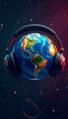 Global audio headphones encircling a world globe , globe, music