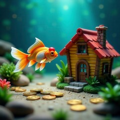 Goldfish explores a miniature underwater house surrounded by scattered coins, object, domestic
