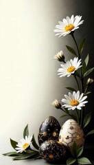 Luxurious black & gold Easter design; daisies & ornate eggs , vector, design