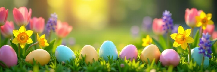 Pastel eggs hidden amongst tulips, daffodils, and hyacinths in spring garden , garden, colorful eggs, egg hunt