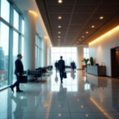 Motion-blurred figures in a bright, minimalist lobby , light, artwork