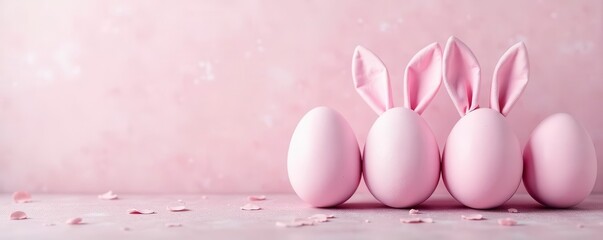 Pastel pink eggs with bunny ears, textured background, dye, march, vibrant