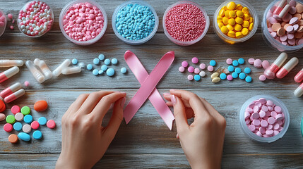 Pink ribbon surrounded by various pills and capsules, representing breast cancer awareness and medication