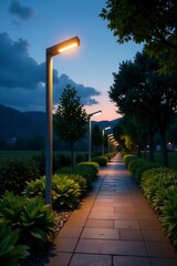 Sleek LED streetlight illuminates modern walkway at dusk, lush greenery surrounds , illumination, night