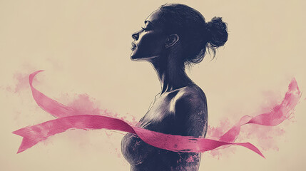 Profile of a woman, subtly adorned with flowing pink ribbons, evokes strength and resilience