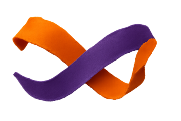 ちぎり紙　ねじれた瞬間　浮遊するカラーペーパーリボン　オレンジとパープルのちぎり紙がねじれ交差　透過データ