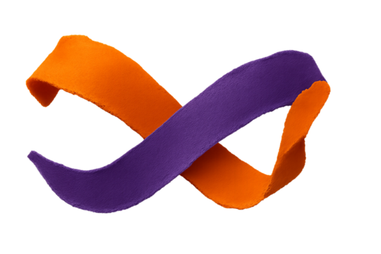 ちぎり紙　ねじれた瞬間　浮遊するカラーペーパーリボン　オレンジとパープルのちぎり紙がねじれ交差　透過データ