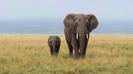 Obraz premium The mother elephant and her calf move gracefully across the grassy savannah, their silhouettes softly illuminated by gentle light in a peaceful, natural setting. 