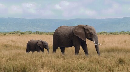 Obraz premium The mother elephant and her calf move gracefully across the grassy savannah, their silhouettes softly illuminated by gentle light in a peaceful, natural setting. 