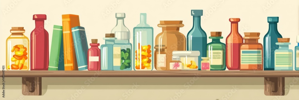 Poster classic flat shelf design featuring assorted medicines and vitamins in various containers generative