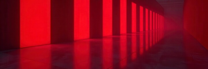 Crimson glow reflects on polished floor, deep red passage , sleek, simple, graphic