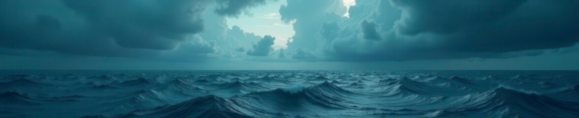 Dark, brooding clouds swirl above a churning, inky sea , power of nature, sea storm, tempest