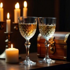 Crystal goblets, engraved wooden chests, candlelight, elegant, candle