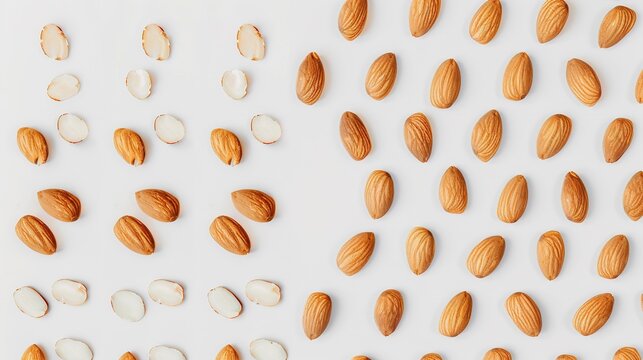 Whole and halved almonds are clearly displayed on a white background, showcasing their texture and shape. This image, created with generative AI, highlights the almonds in an isolated setting, allowin