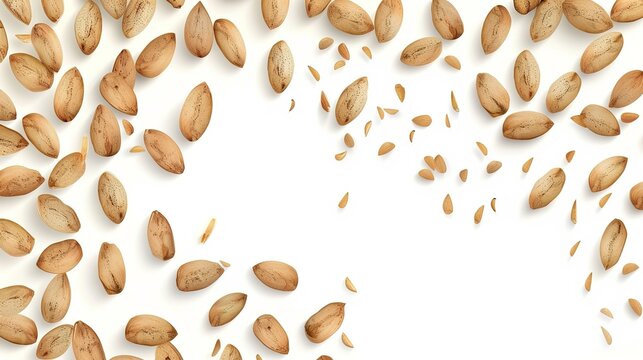 Whole and halved almonds are clearly displayed on a white background, showcasing their texture and shape. This image, created with generative AI, highlights the almonds in an isolated setting, allowin