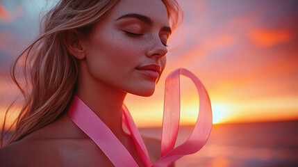Serene blonde woman with closed eyes, pink ribbon around neck, faces vibrant sunset over ocean