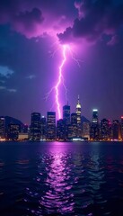 Epic lightning bolt above glittering city skyline, tall, architecture