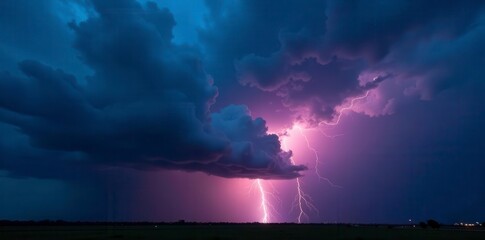 Epic thunderstorm, dark clouds, intense lightning , wide shot, powerful, force