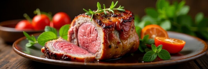 Golden-brown roasted leg of lamb, Easter herbs,  aromatic,  delicious,  rosemary