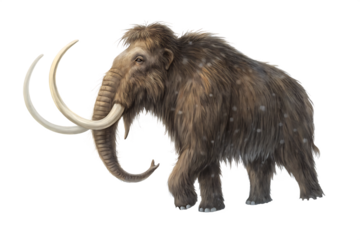 Illustration of a woolly mammoth with large tusks walking on a white background in a side view