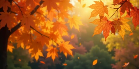 Golden autumn maple leaves falling against a softly blurred background of vibrant trees , wildlife, crisp, background