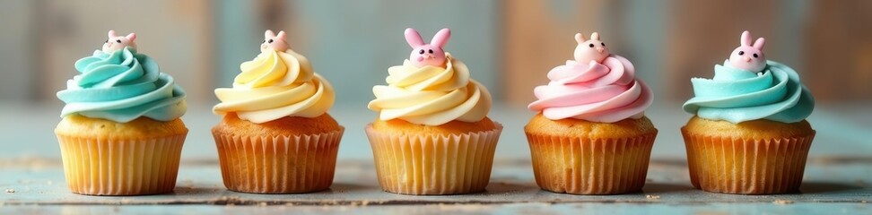 Mini Easter cupcakes, pastel frosting, wood background, festive, decor