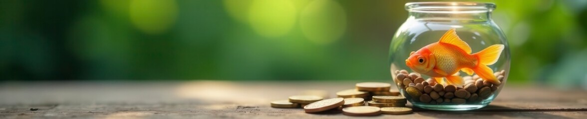 Orange goldfish in glass jar, scattered coins near ceramic piggy bank , financial, closeup, goldfish