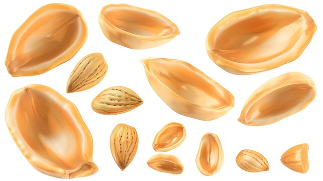 Whole and halved almonds are clearly displayed on a white background, showcasing their texture and shape. This image, created with generative AI, highlights the almonds in an isolated setting, allowin