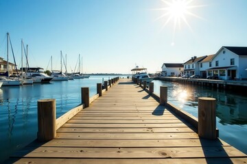 Sun-drenched Rhodes harbor; wooden boardwalk gleams , peaceful, serenity, wood