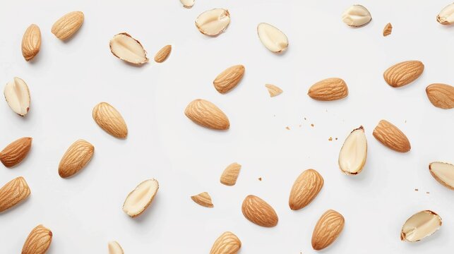 Whole and halved almonds are clearly displayed on a white background, showcasing their texture and shape. This image, created with generative AI, highlights the almonds in an isolated setting, allowin
