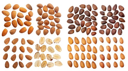 Whole and halved almonds are clearly displayed on a white background, showcasing their texture and shape. This image, created with generative AI, highlights the almonds in an isolated setting, allowin