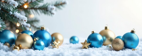 Fototapeta premium Blue and gold Christmas spheres arranged on pure white Perfect for holiday greeting card , texture, blue, design
