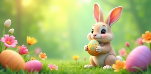 Cute cartoon rabbit holding colorful eggs, spring flowers , easter, springtime