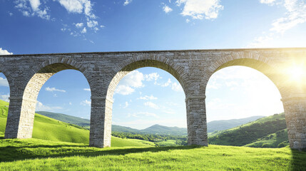 Fototapeta premium Ancient aqueduct with glowing arches in lush green landscape under bright sky evokes sense of tranquility and beauty
