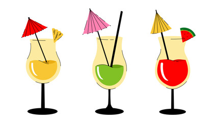 Set of summer tropical cocktail with umbrella. Alcoholic or nonalcoholic drink in glass. Vector illustration on white background for interior, poster, banner