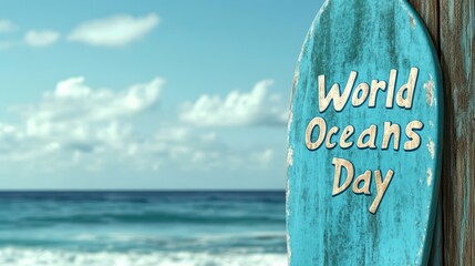retro world oceans day art, close-up of eco-friendly bigboard with world oceans day, ocean backdrop, and blurred beach background under vintage movie lighting